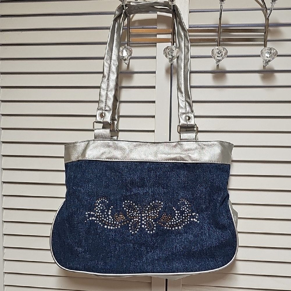 Vintage New Blair Navy Denim Shoulder Bag with Silver Trim Butterfly Rhinestones
